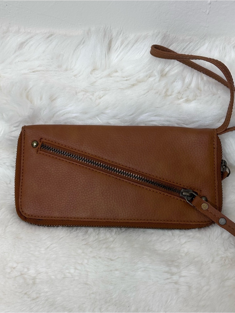 Free People Distressed Vegan Leather Zip-Around Wristlet Wallet Brown